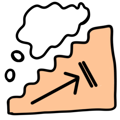 a thought bubble trying to float up stairs. the stairs are light brown and have an arrow pointing up, stopped by a 'stop' or 'pause' symbol.